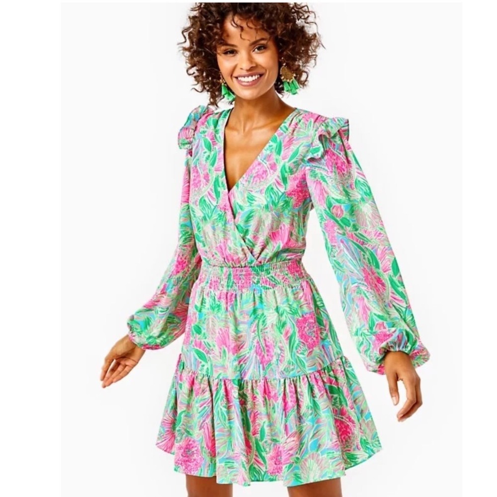 Lilly Pulitzer Taviana Dress Womens 16 Pink Green Floral Smocked Ruffle Mini
